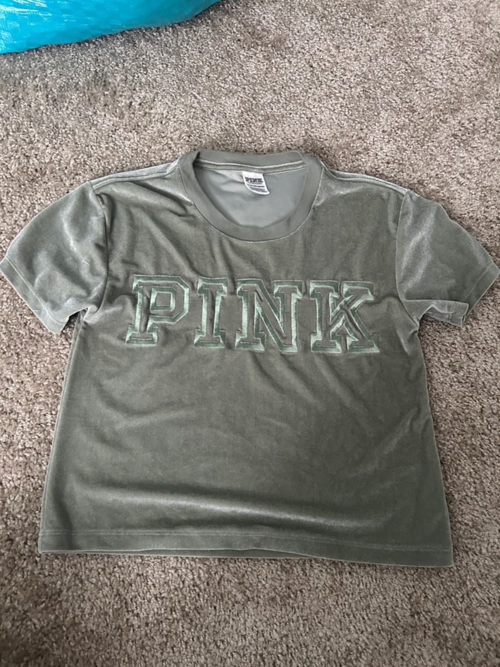 PINK Velour Logo Tee in Olive Green
